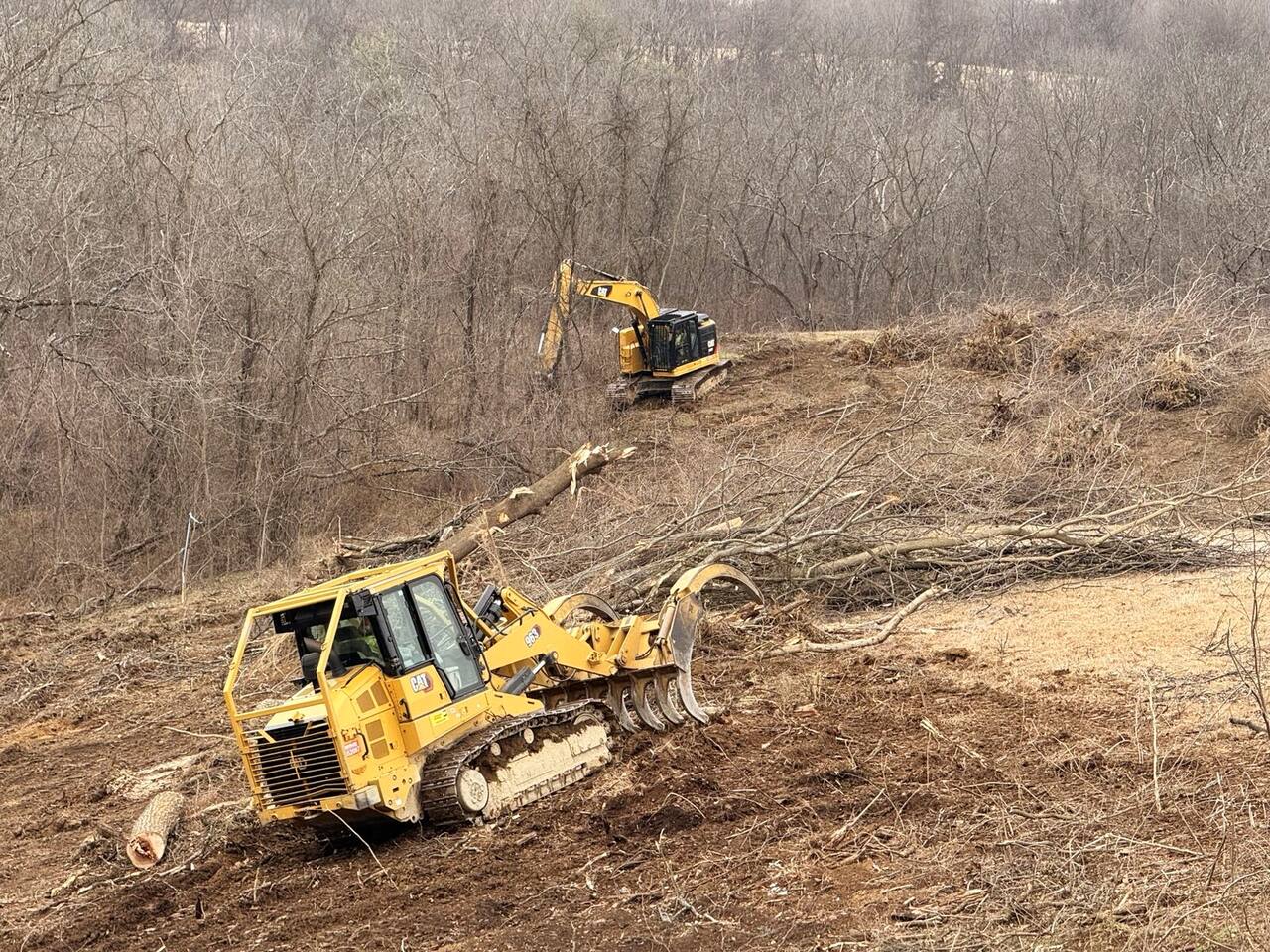Tracked excavator felling timber alongside a track loader with grinder attachment clearing a wooded utility right-of-way