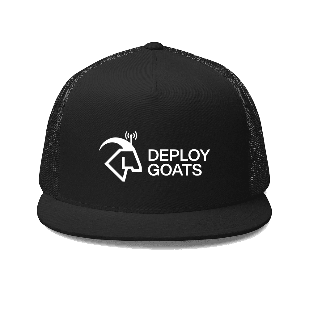DeployGoats trucker cap: trucker with the DeployGoats goat wordmark logo on the front panel, shown in black