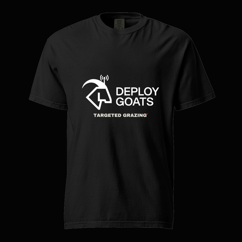 DeployGoats tee: heavyweight tee with the DeployGoats goat wordmark logo and TARGETED GRAZING. tagline, shown in black