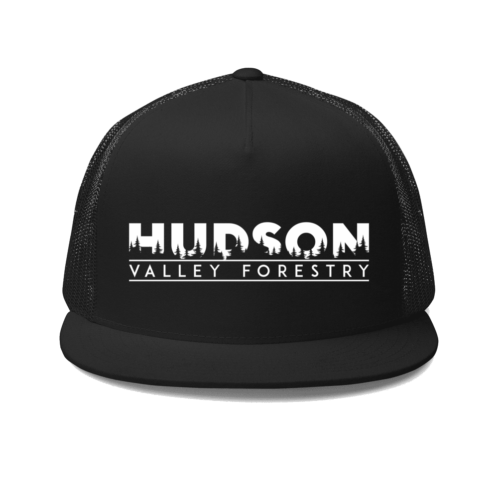 HVF embroidered trucker cap: trucker with the Hudson Valley Forestry logo on the front panel, shown in black