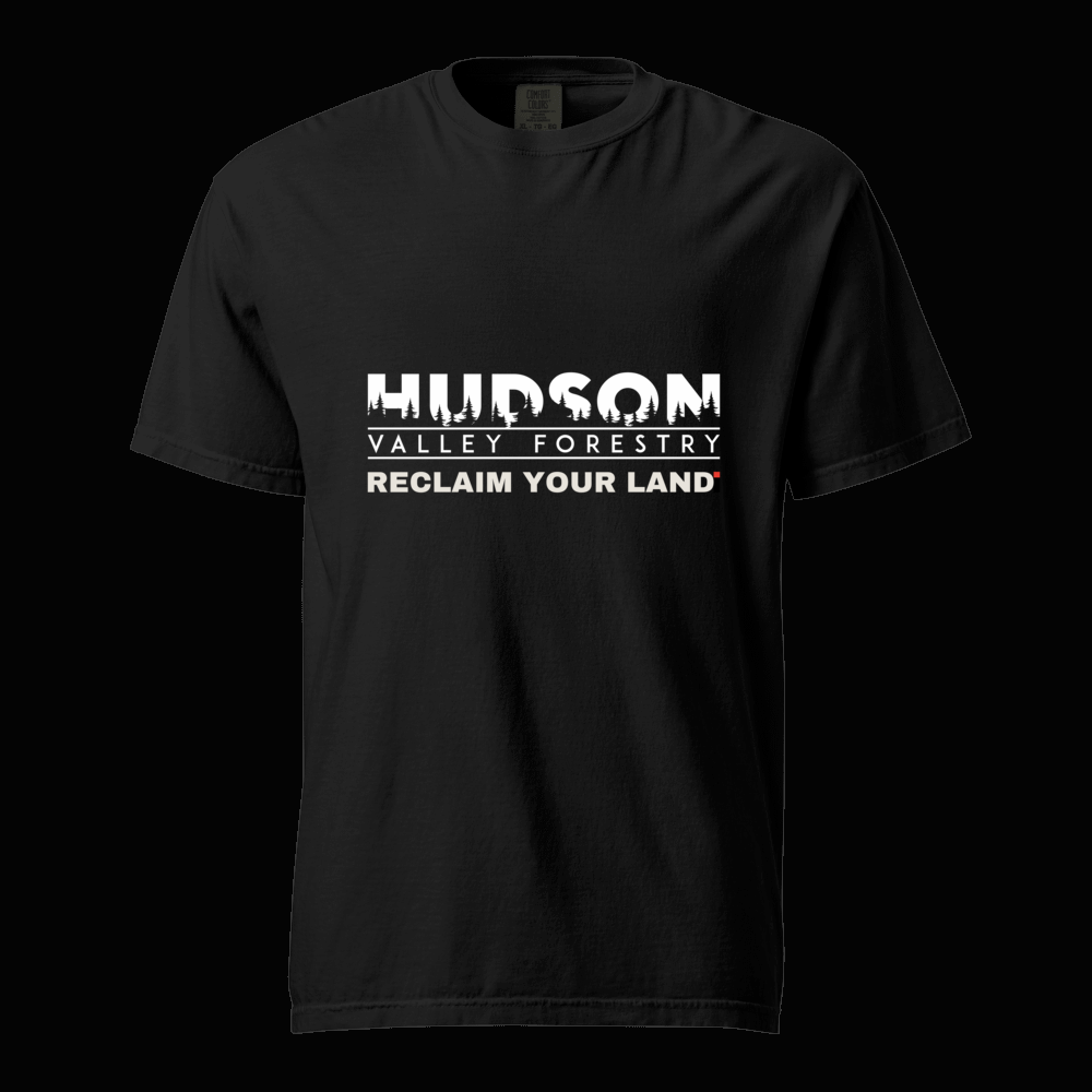 RECLAIM YOUR LAND. tee: heavyweight tee with the Hudson Valley Forestry logo and RECLAIM YOUR LAND. wordmark, shown in black