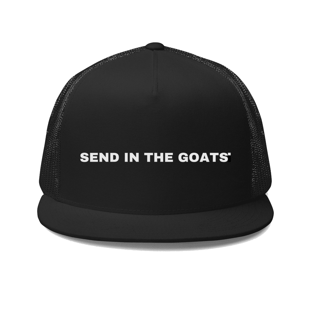 Hudson Valley Goats trucker cap: trucker with the SEND IN THE GOATS. wordmark and red period accent, shown in black