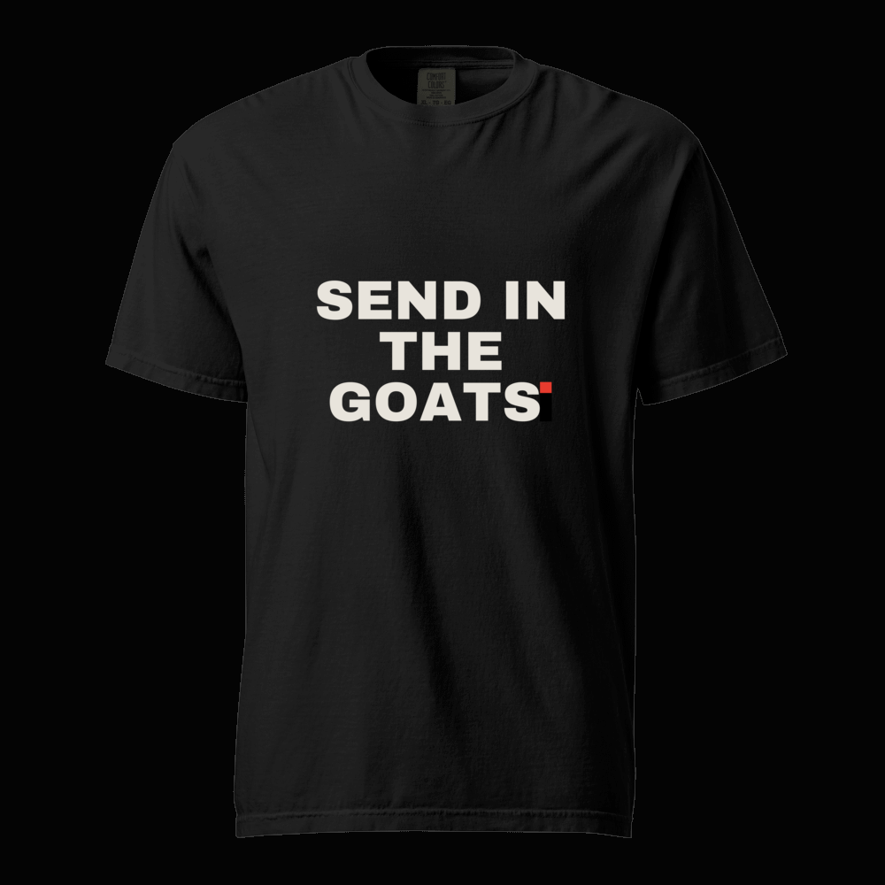 SEND IN THE GOATS. tee: heavyweight tee with the SEND IN THE GOATS. wordmark and red period accent, shown in black